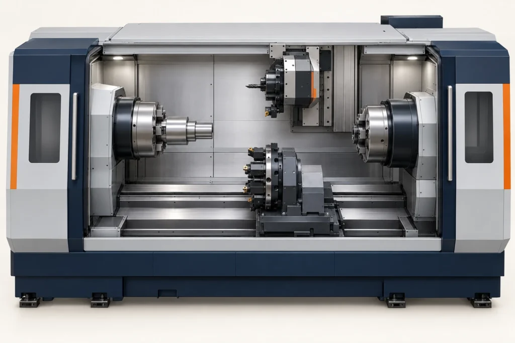 Schnittansicht einer CNC-Maschine mit gegenüberliegenden horizontalen Spindeln und separaten oberen und unteren Werkzeugträgern.