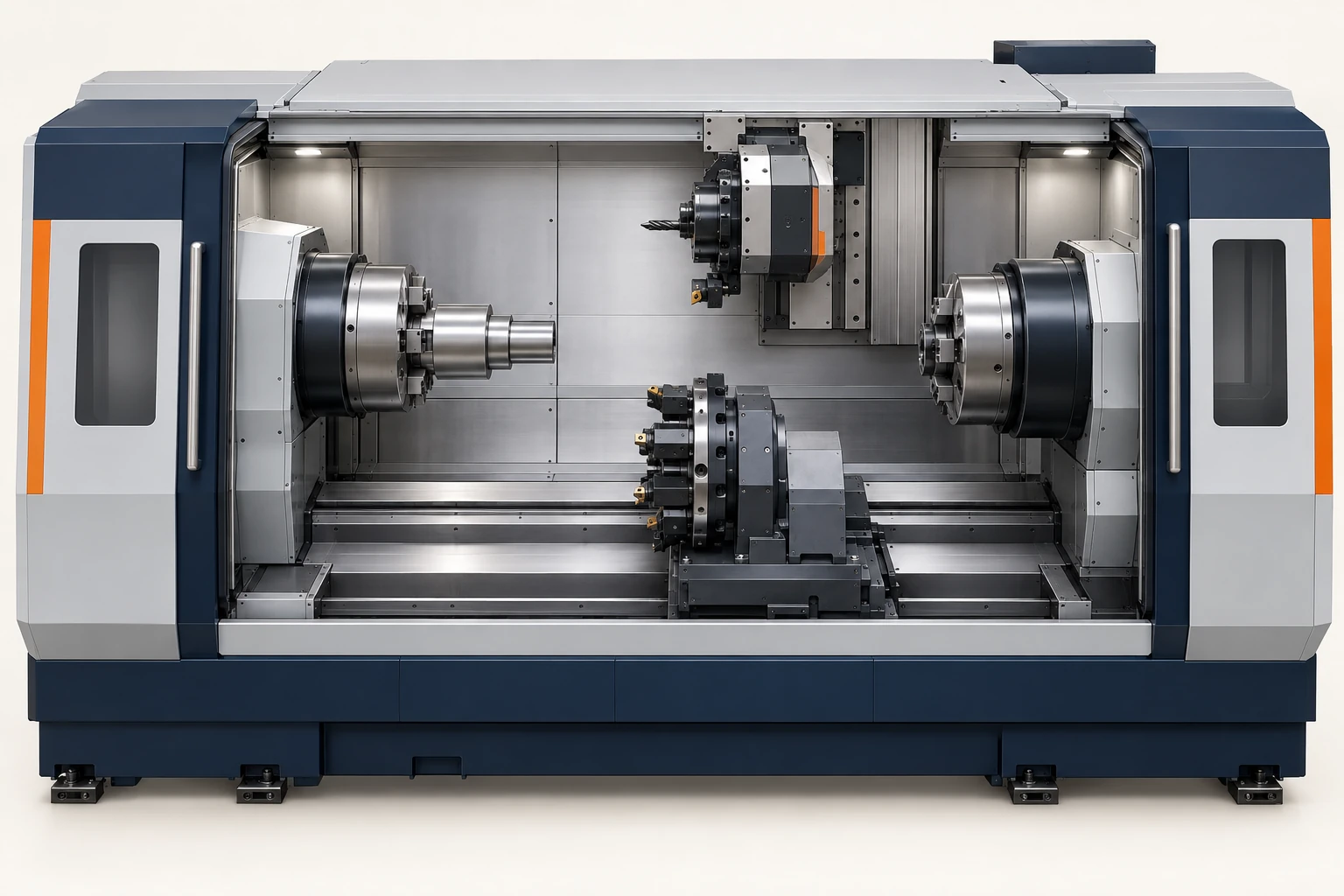Cutaway view of a CNC machine with opposing horizontal spindles and separate upper and lower tool carriers.