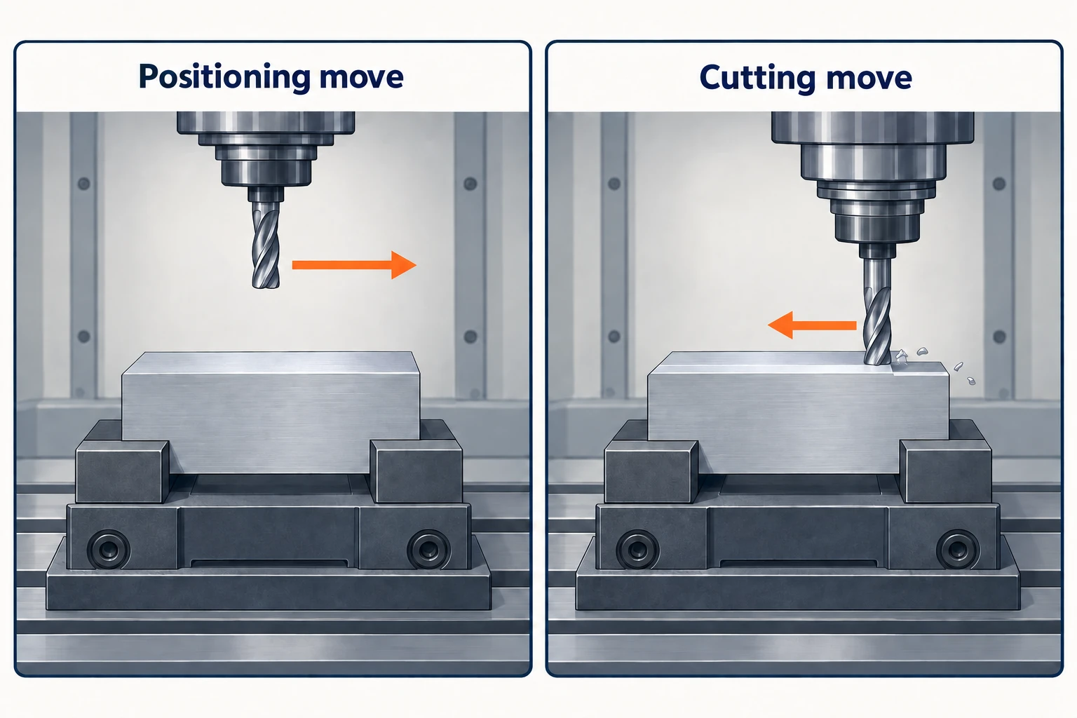 Two machining views distinguish a retracted tool moving above a clamped workpiece from an end mill engaged at its edge.