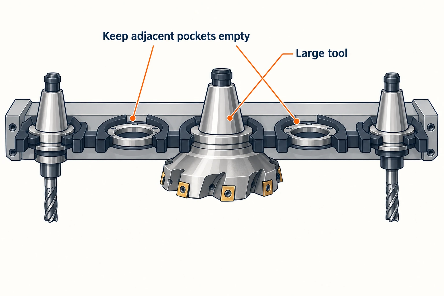 Five magazine pocket positions with a large tool in the middle, empty neighboring pockets and narrow tools in the two outer positions.