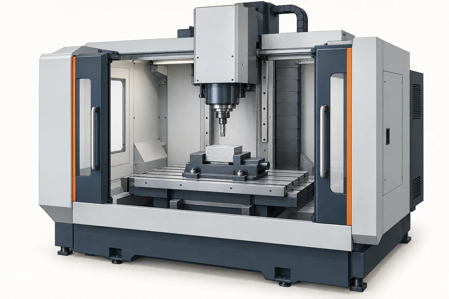 A vertical machining center with a clamped rectangular workpiece and a spindle-mounted cutter above it.