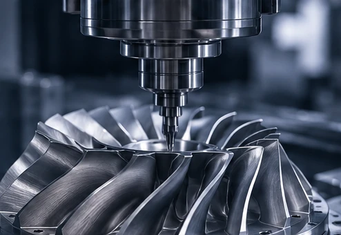 Illustrative multi-axis machining of a contoured component — AI-generated illustration, not a vetcnc photograph