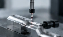Illustrative metrology probe checking a machined component — AI-generated illustration, not a vetcnc photograph