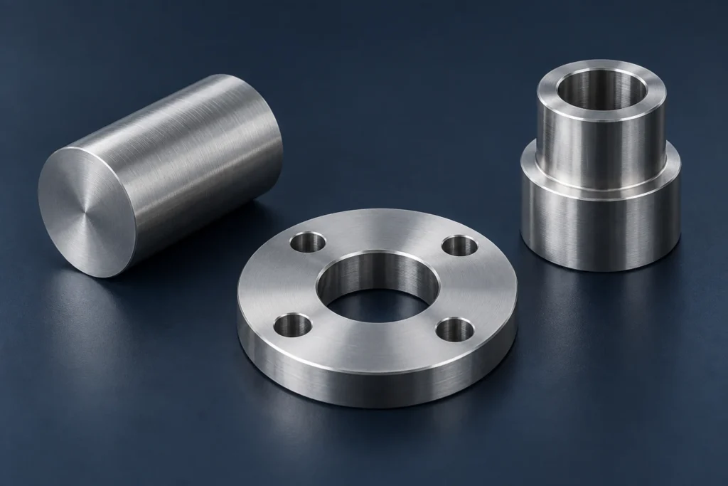 Stainless steel round stock beside a machined flange and a stepped bushing