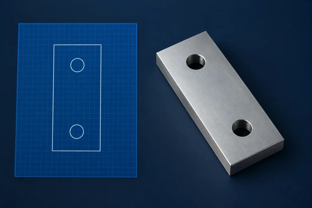 A three-dimensional mounting block beside a flat outline view of its hole pattern
