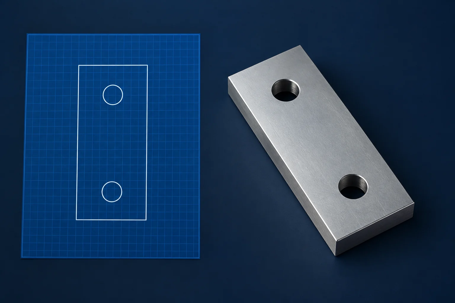 Bloc de fixation tridimensionnel à côté d’une vue en contour plat de son motif de perçages
