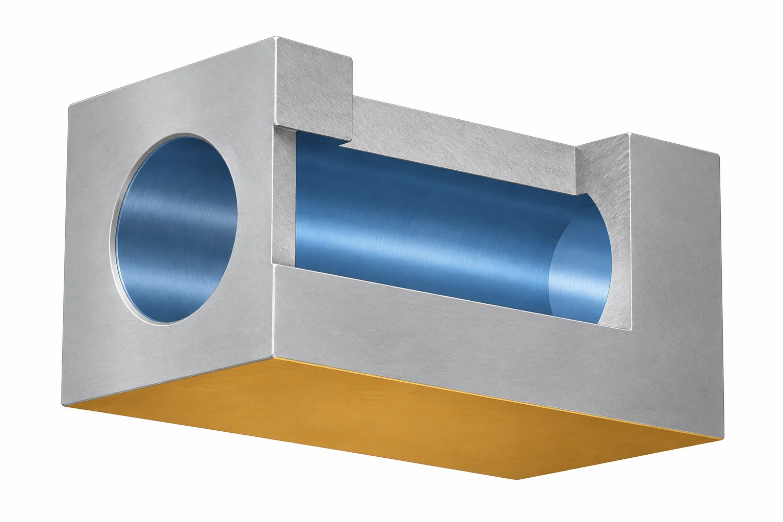 Bloc de palier en coupe, avec sa surface cylindrique d’alésage et sa base plane mises en évidence séparément