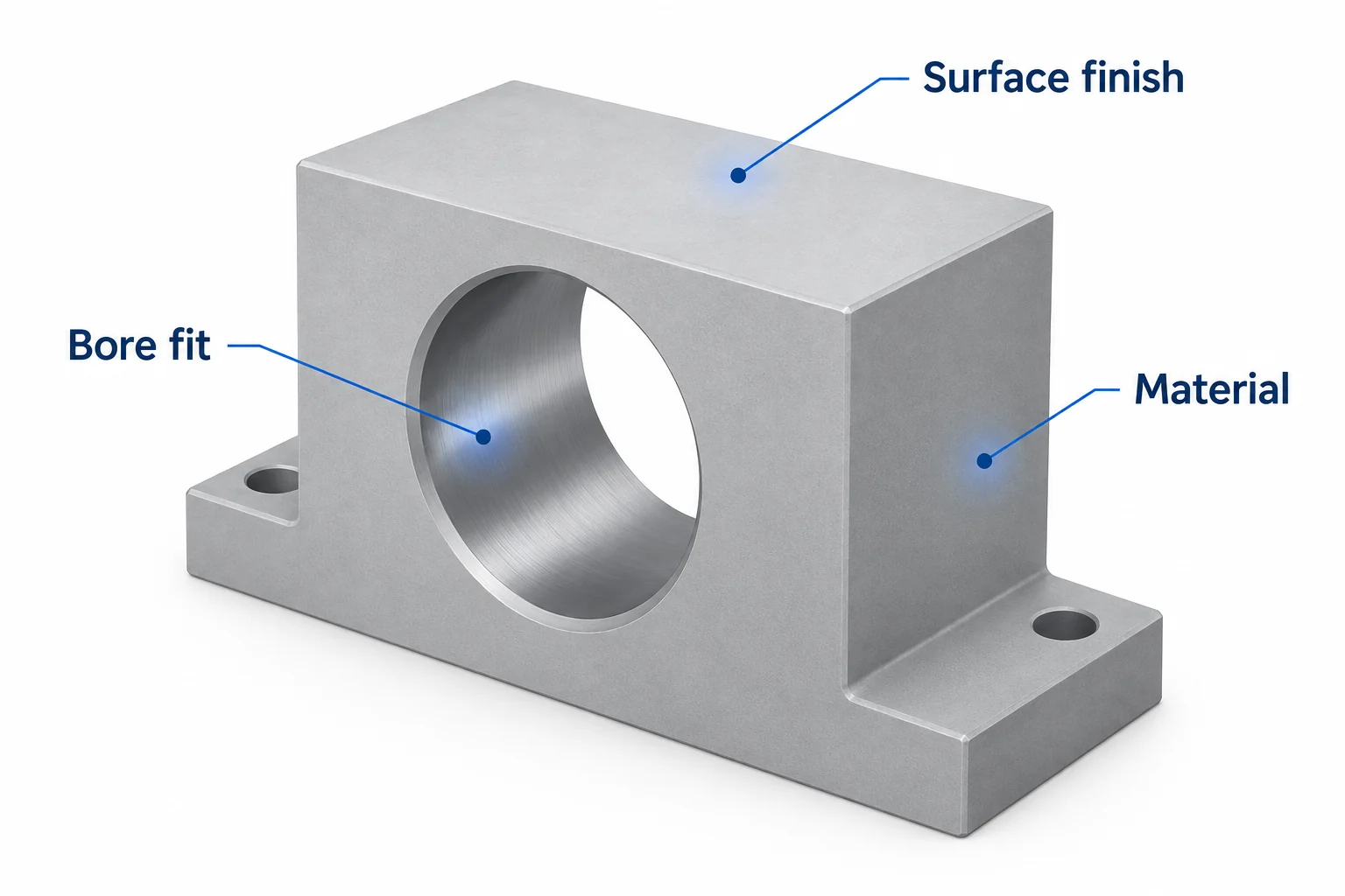 Bloc de palier tridimensionnel avec indications des ajustements d’alésage, du matériau et de l’état de surface