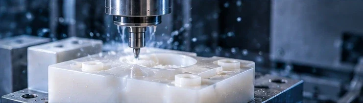 Illustrative CNC cutting scene showing a tool and a clamped workpiece