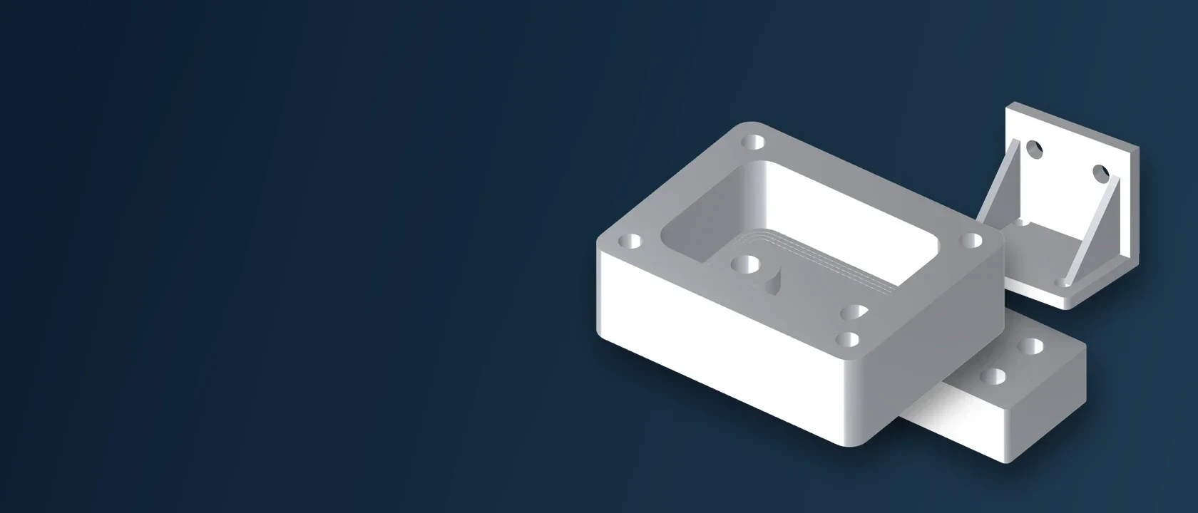 Illustrative machined housing, bracket and fixture block; not factory photography