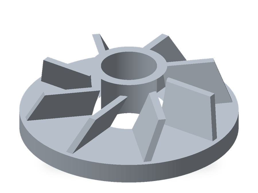 Illustrative CAD model with raised, swept vanes and an open central bore