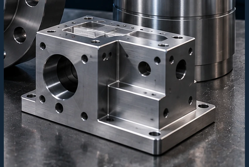 Illustrative milled housing with pockets and mounting holes — AI-generated illustration, not a vetcnc photograph