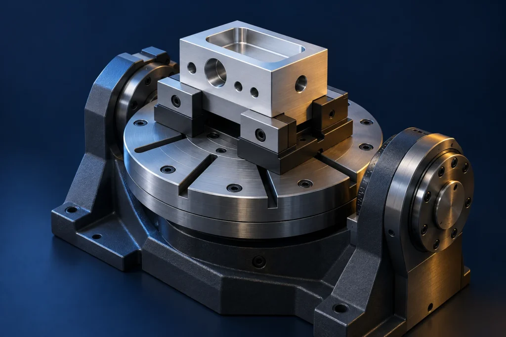 Multi-face machined block held on a compact tilting rotary table