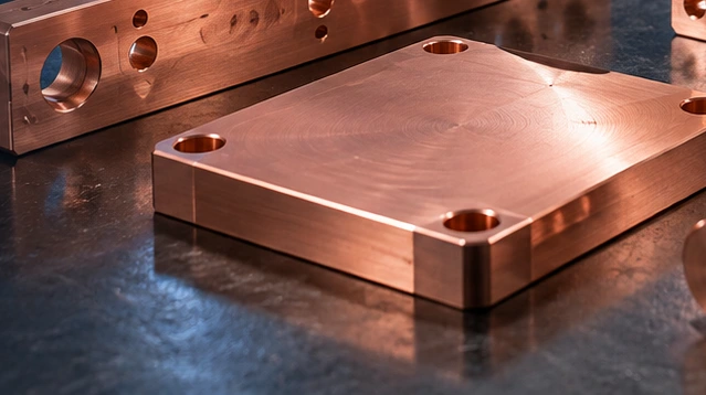 Illustrative copper plate with a machined mounting face — AI-generated illustration, not a vetcnc photograph