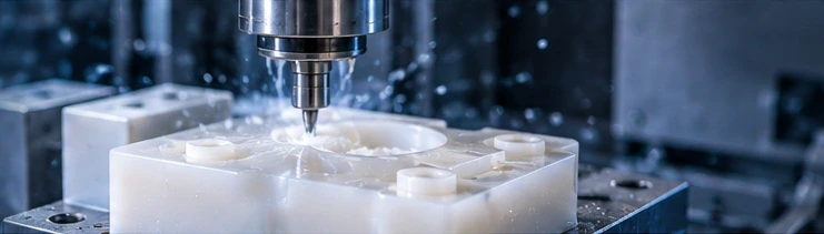 Illustrative CNC machining of a white polymer workpiece — AI illustration, not a vetcnc factory photo or a verified nylon sample
