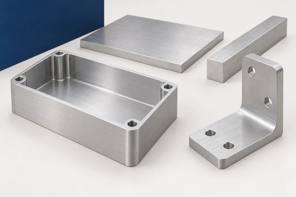 Bearbeitetes Aluminiumgehäuse und Winkelhalterung vor Platten- und Stabmaterial