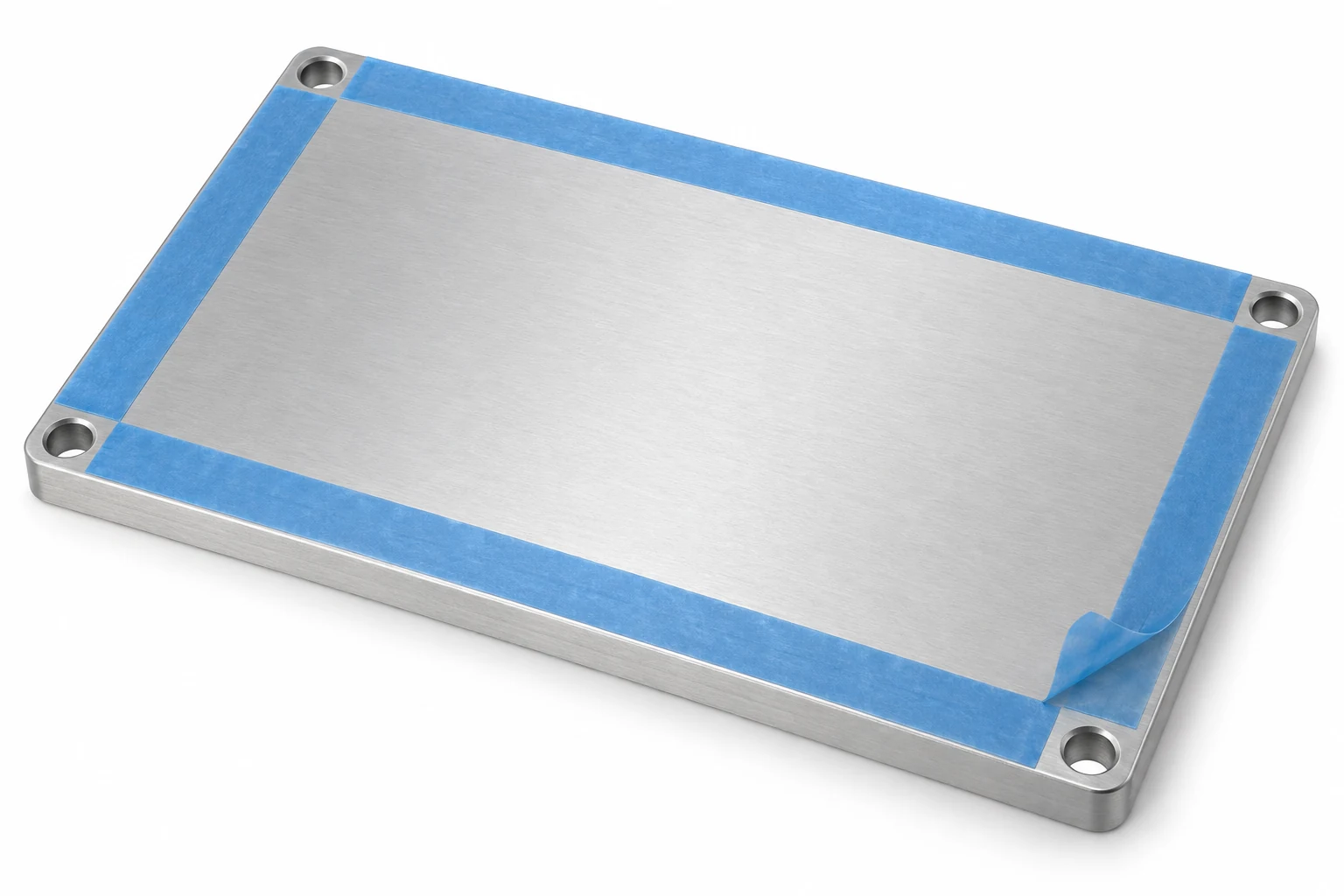 Aluminum enclosure lid with blue masking tape covering its perimeter mating land