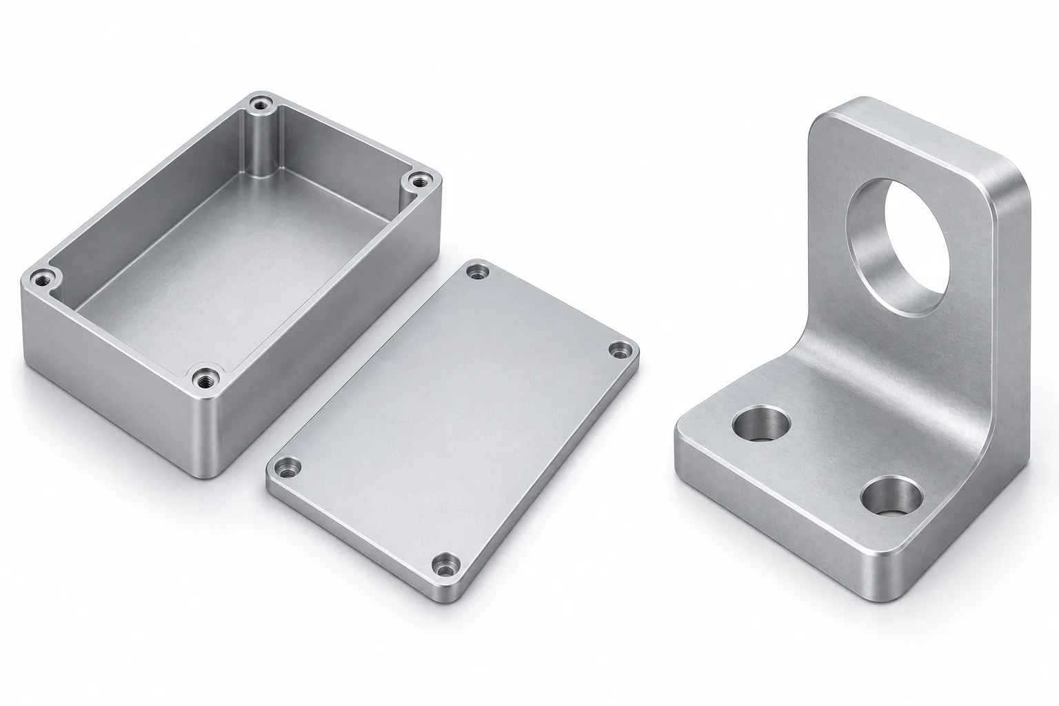 Open aluminum enclosure with a separate lid beside a compact mounting bracket
