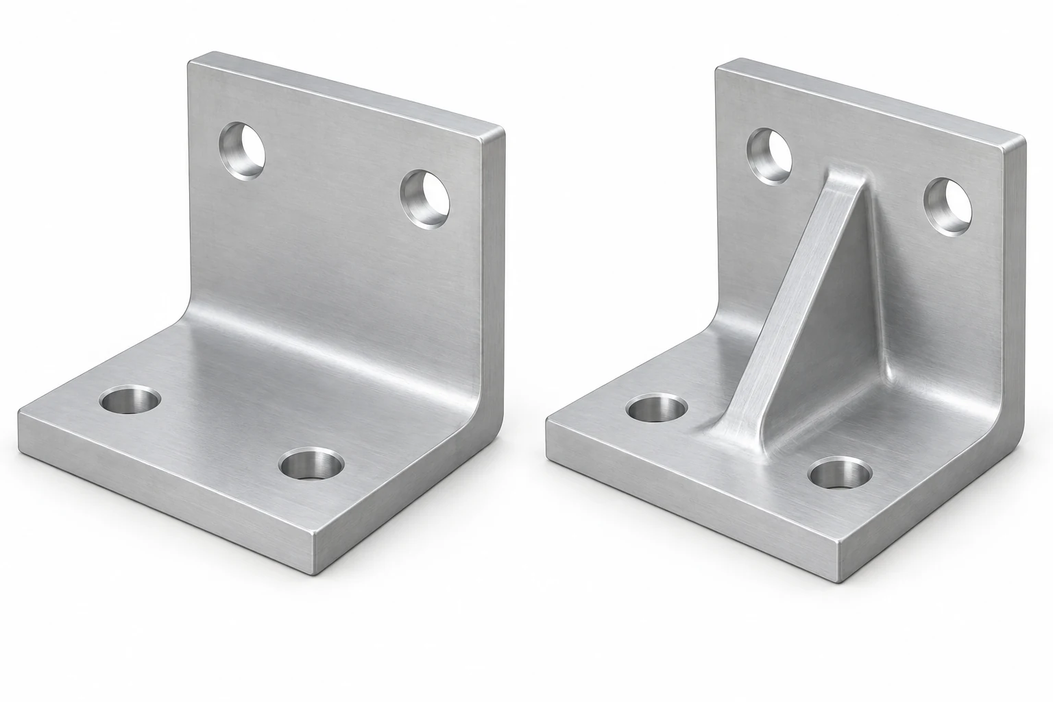 Two aluminum L brackets, one with an additional central rib joining its base and upright