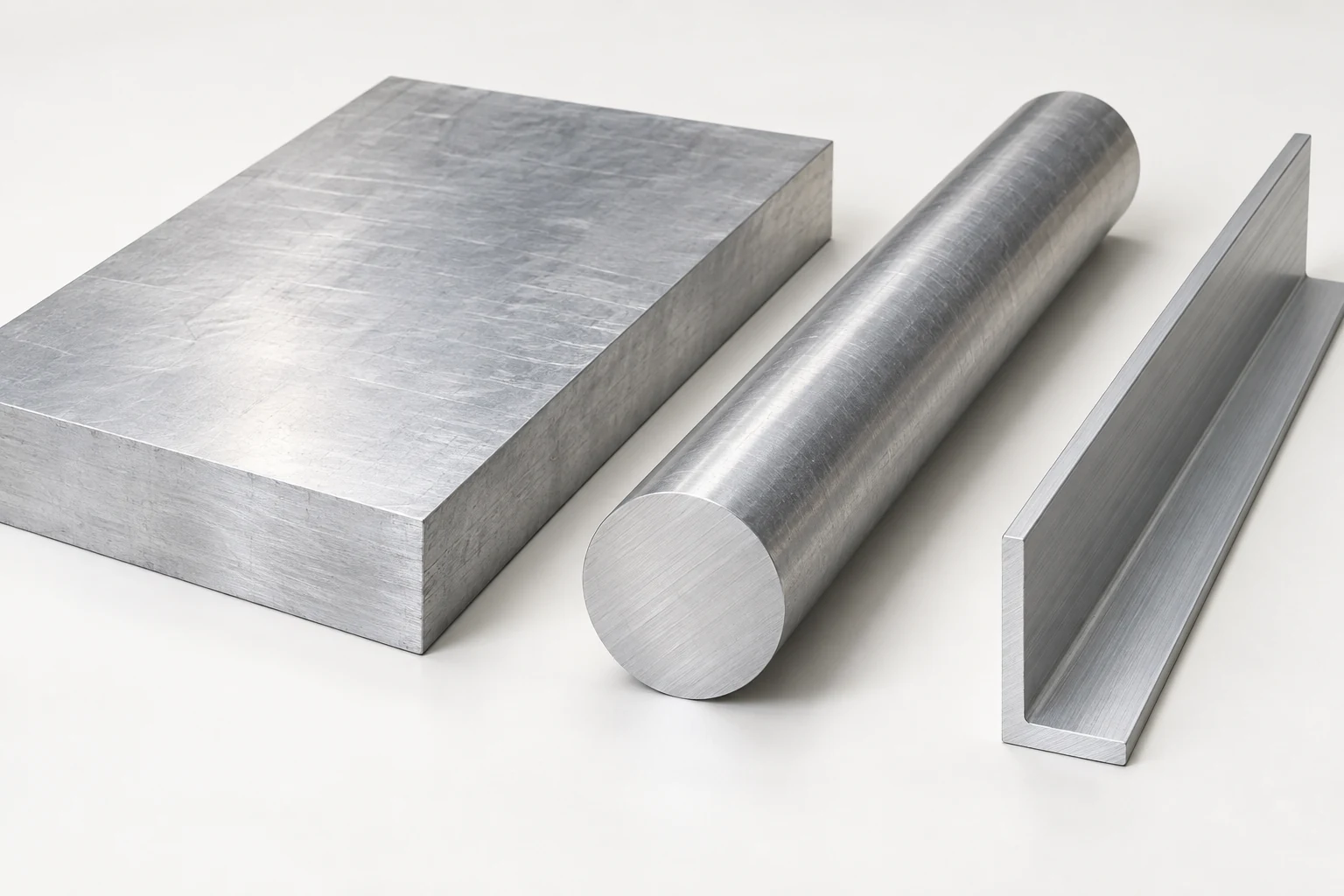 Rectangular aluminum plate, solid round bar and an angle extrusion with visible cross-sections