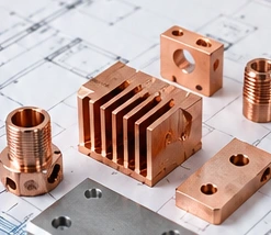 Illustrative copper thermal and connector parts on a drawing — AI-generated illustration, not a vetcnc photograph
