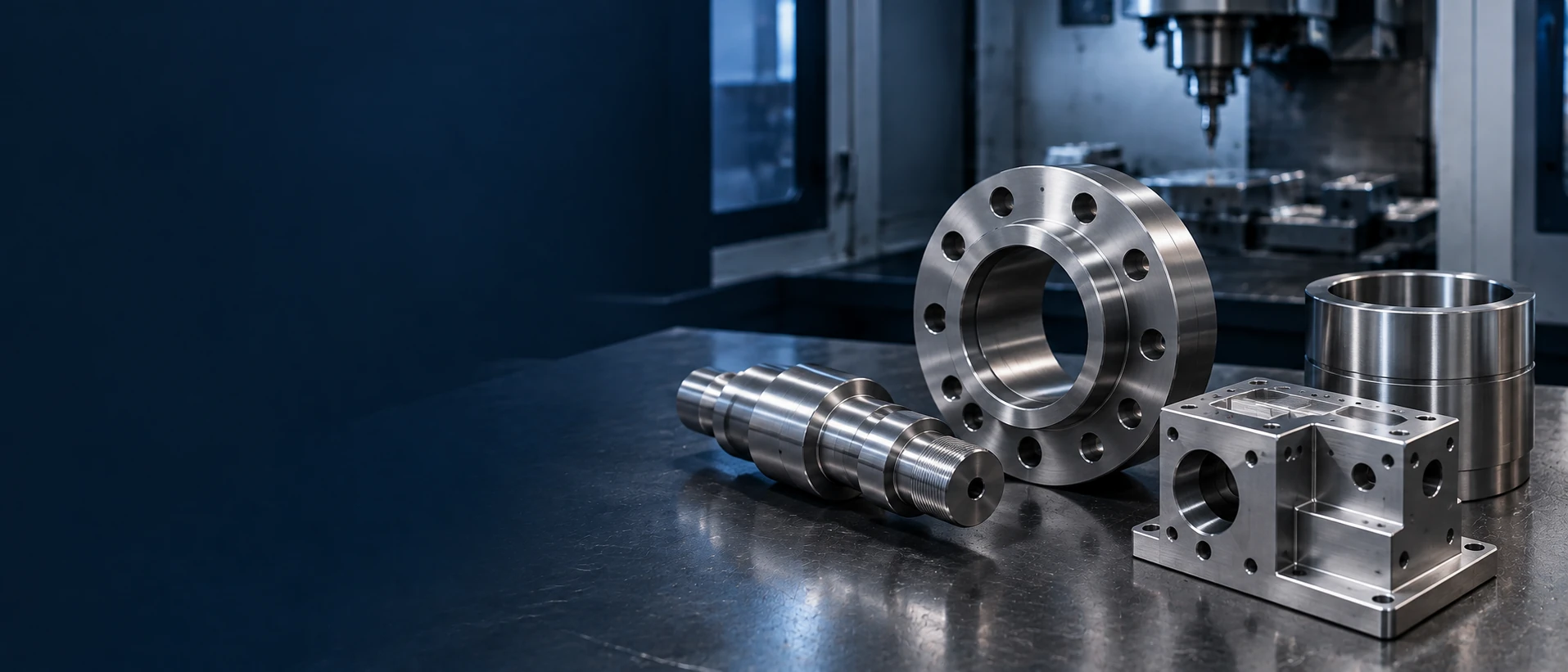 Illustrative nickel-alloy components on a CNC workbench — AI-generated illustration, not a vetcnc photograph