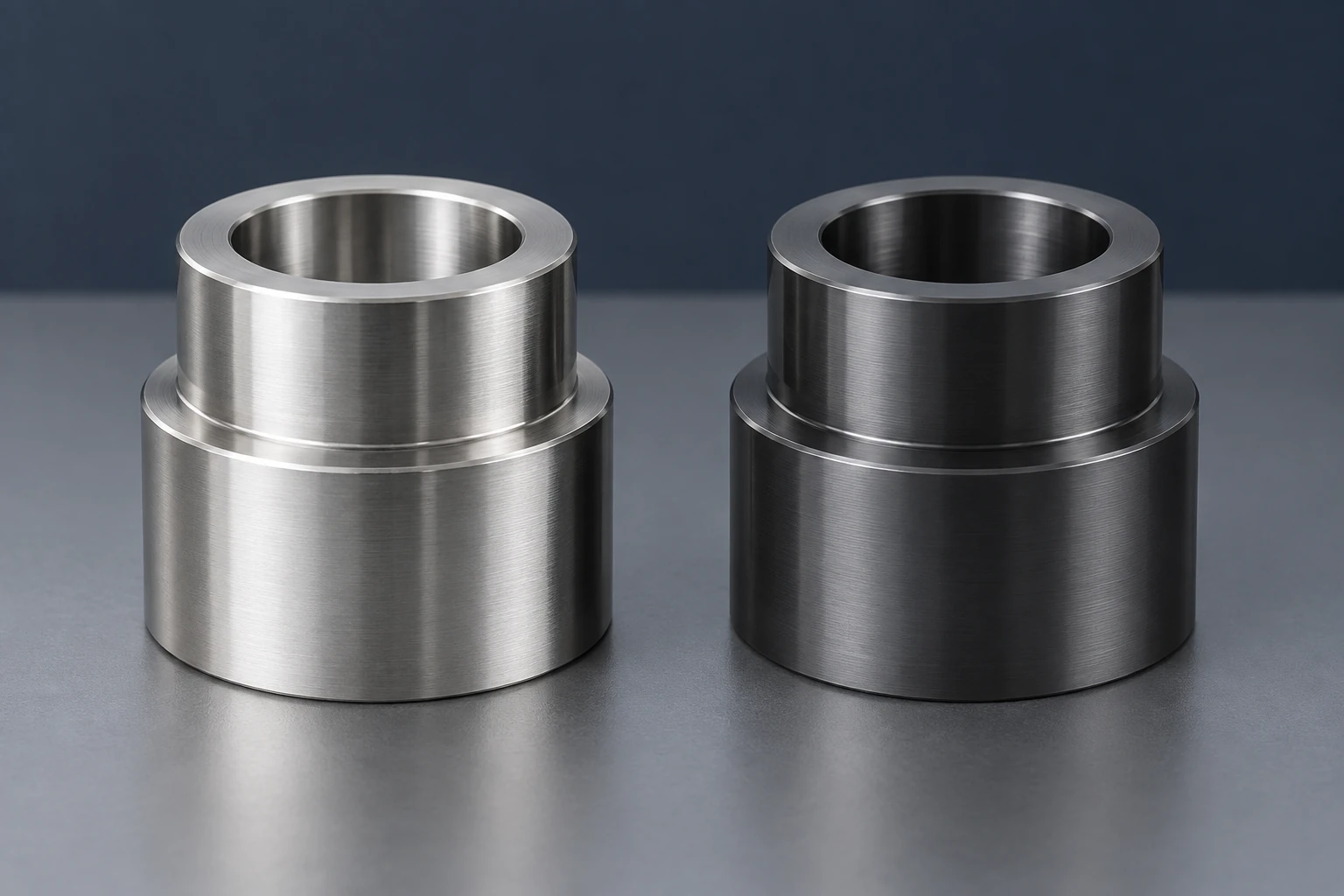 Silver and dark gray machined sleeves with concentric bores and shoulders.