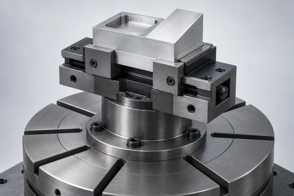A compact vise grips the lower band of a pocketed silver block above a rotary table.