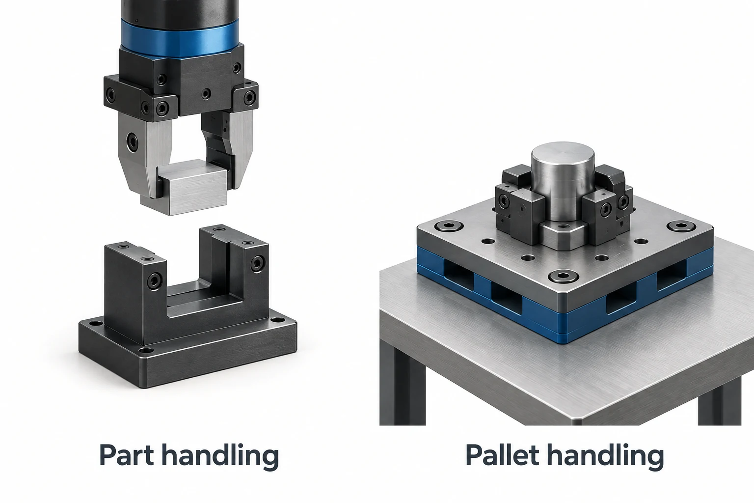 A gripper holding a rectangular workpiece beside a prepared pallet carrying a clamped cylindrical part.