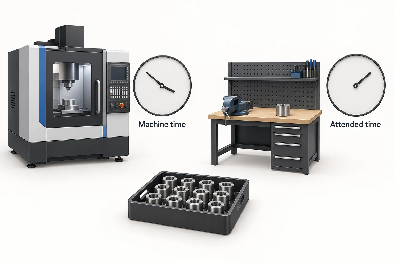 Machine and operator workstations with separate clocks and a shared tray of components.