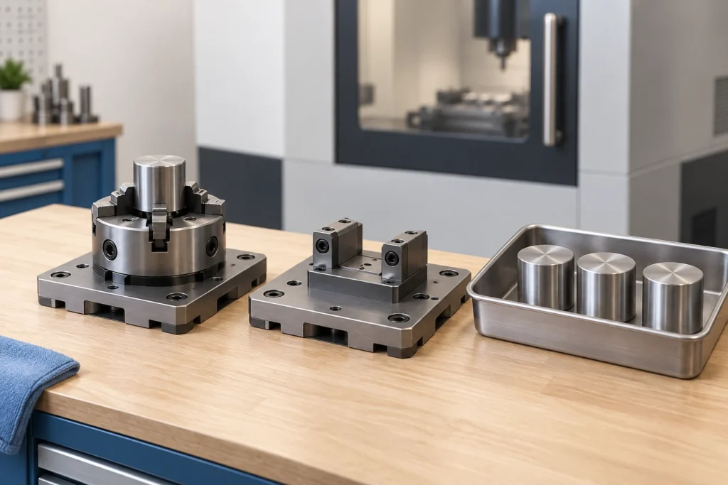 Three cylindrical blanks beside two fixture pallets, one holding a cylindrical workpiece and one empty.