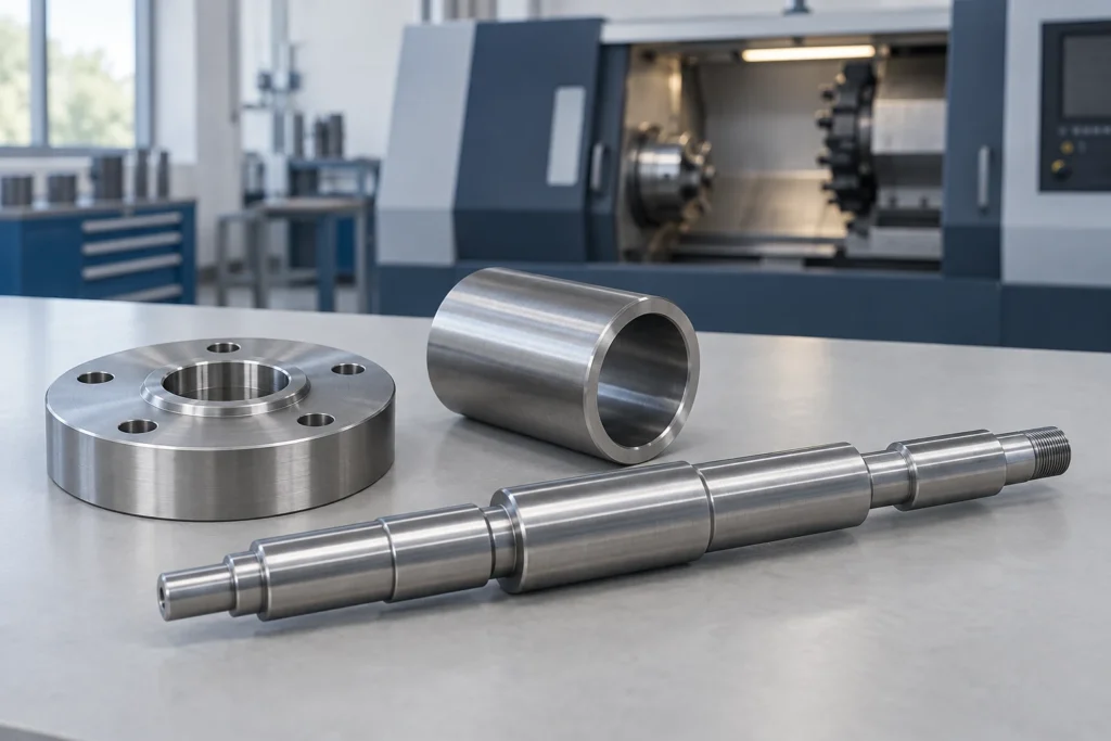Flange, sleeve and stepped shaft on a bench with a lathe in the background.