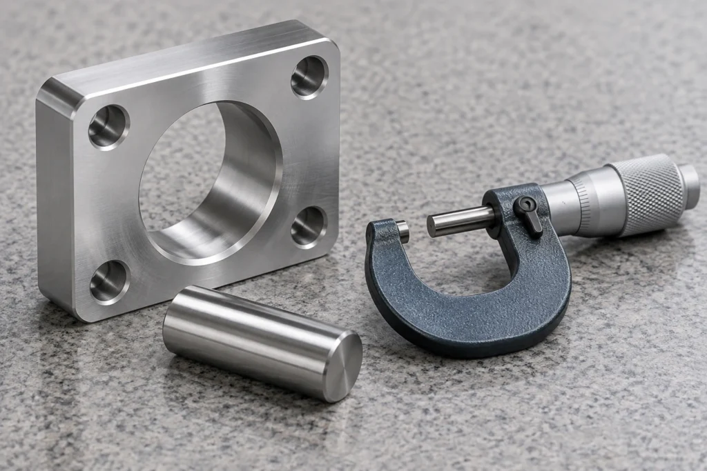 Machined flange, cylindrical mating feature and an outside micrometer on a neutral inspection surface.