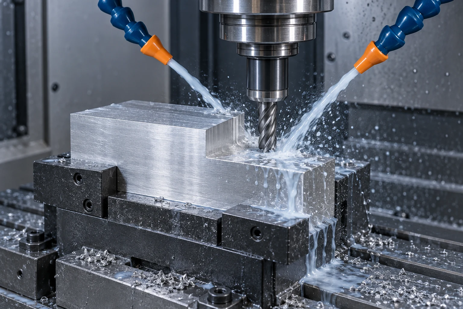 Dwa strumienie cieczy chłodząco-smarującej kierowane odpowiednio w stronę frezika końcowego oraz bloku aluminiowego zamocowanego w imadle.
