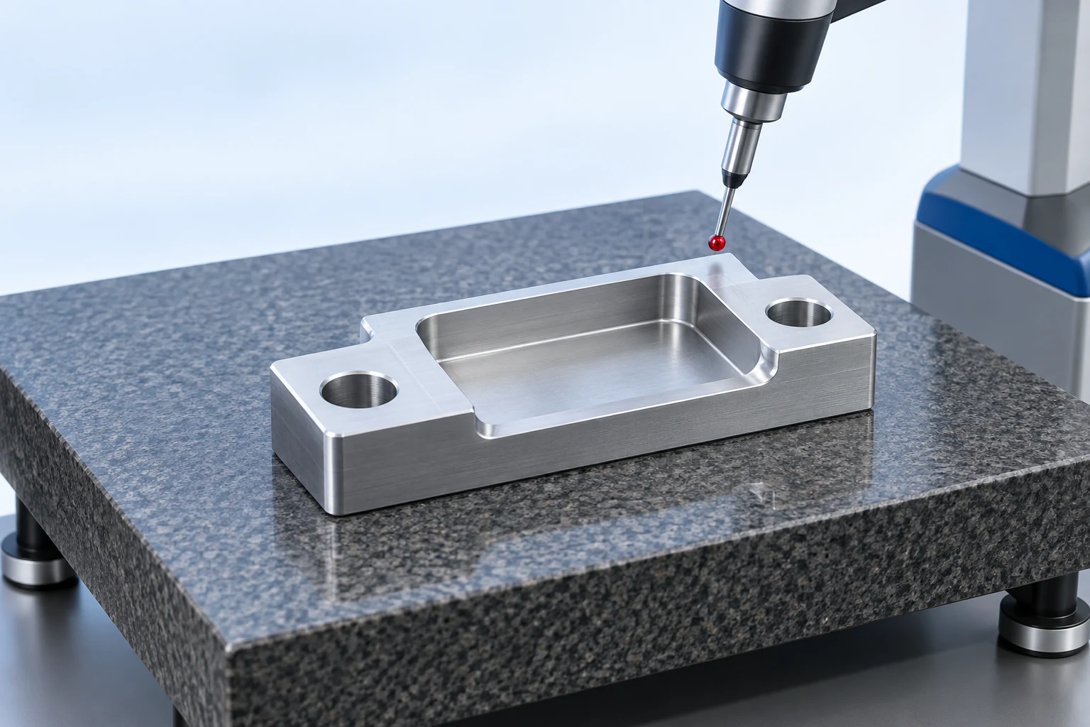 Sonda de medici&oacute;n por coordenadas situada sobre un componente con cavidades sin sujetar, colocado sobre una mesa de granito