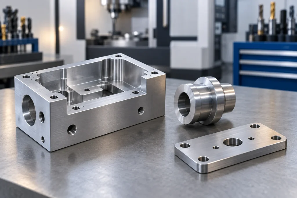 A pocketed housing, stepped cylindrical spacer and drilled mounting plate on a neutral industrial bench.