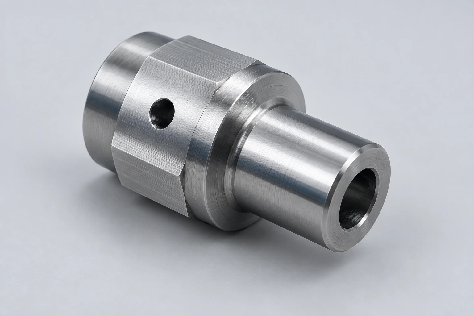 Tokarsko-obrobiony metalowy adapter z płaszczyznami klucza, otworem radialnym i otworem osiowym.