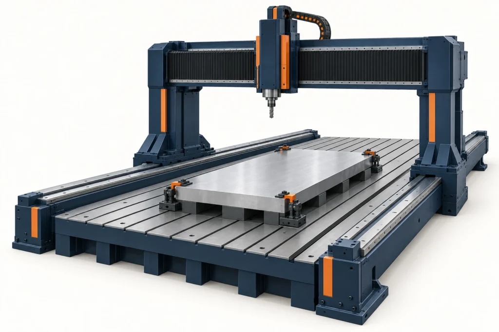 A gantry machining structure spans a long bed with a clamped metal plate and a retracted vertical cutter.