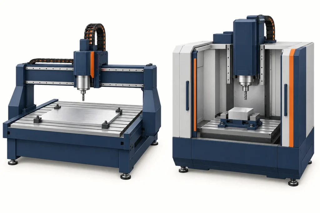 Uma fresadora de grande cama CNC e uma fresadora vertical fechada seguram um painel e um bloco, com ambas as ferramentas retratadas.