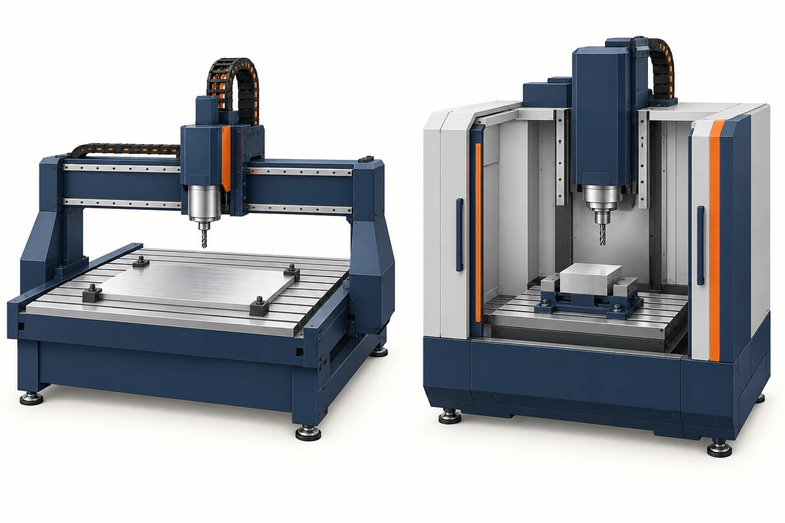 A broad-bed CNC router and an enclosed vertical mill hold a panel and a block, with both cutters retracted.