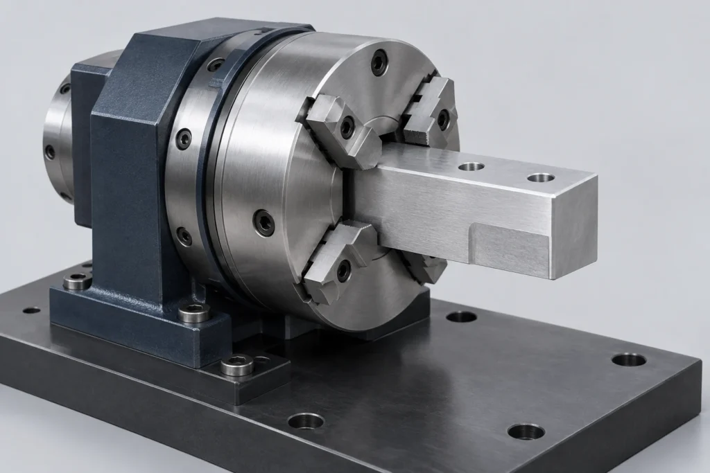 A rotary chuck holds a short rectangular bar with accessible longitudinal faces.