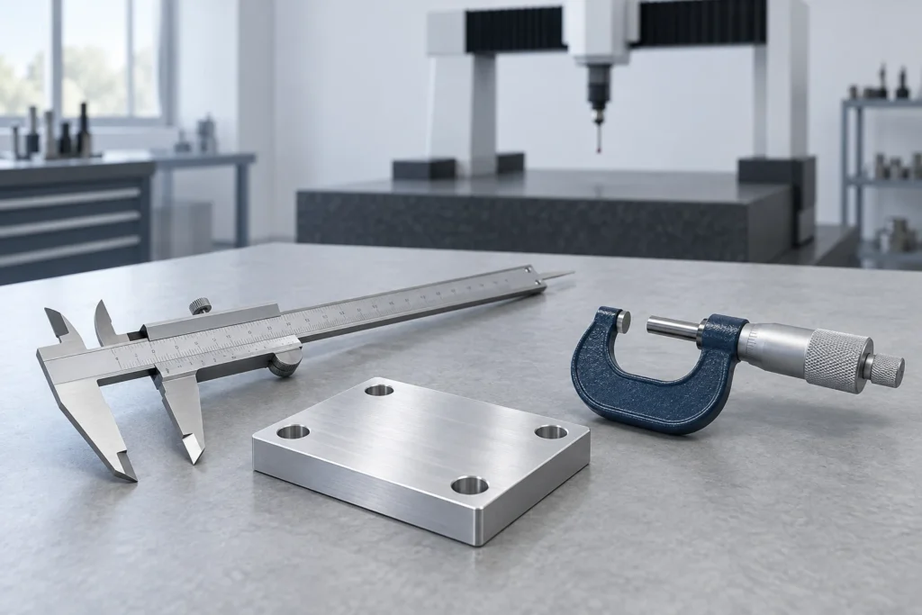 Vernier caliper, outside micrometer and a mounting plate on a metrology bench.