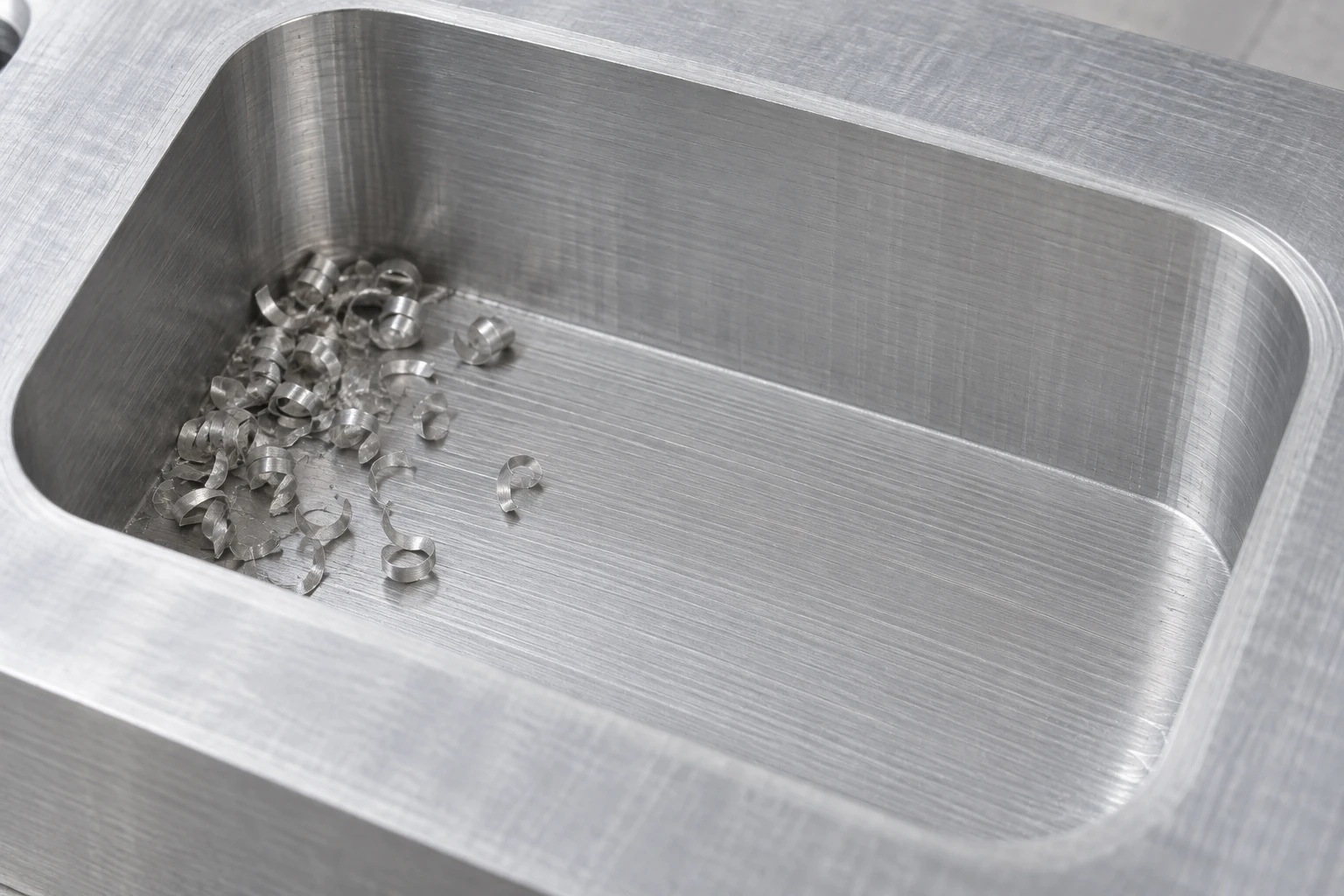 Korta, krullade metallspån samlade nära en avrundad inre hörn på en öppen aluminiumficka.