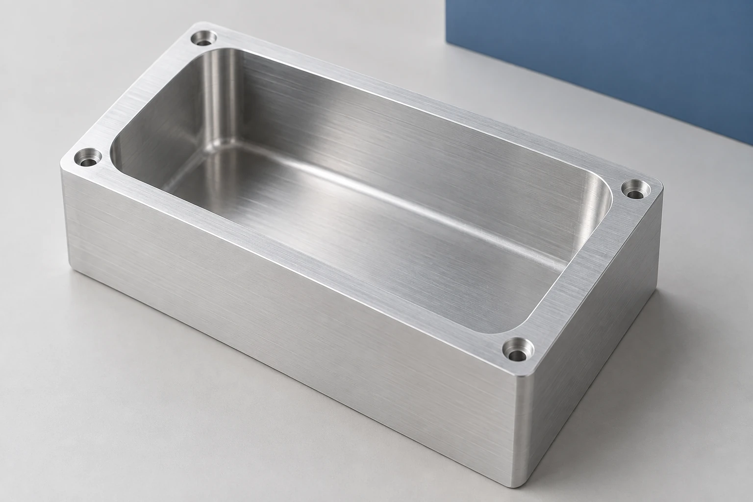 Bearbetad aluminiumhölje med en djup öppen ficka, avrundade inre hörn och monteringshål längs kanten.