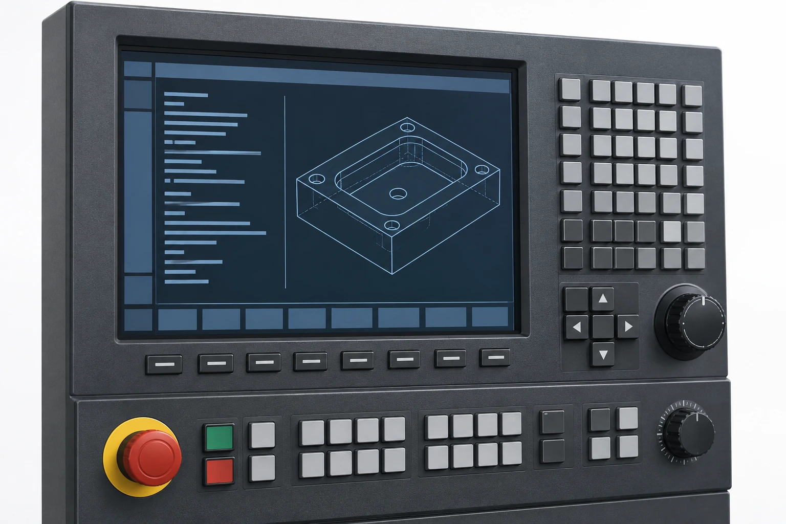 CNC control interface with a wireframe part display and abstract program lines.