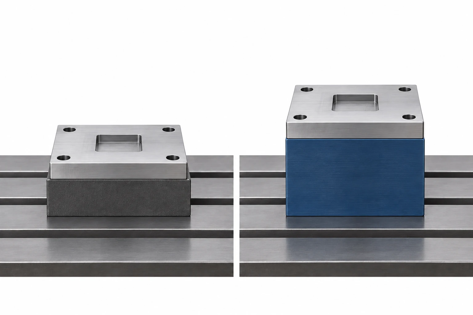 Identical pocketed plates resting on short and tall support blocks at different heights above the table.