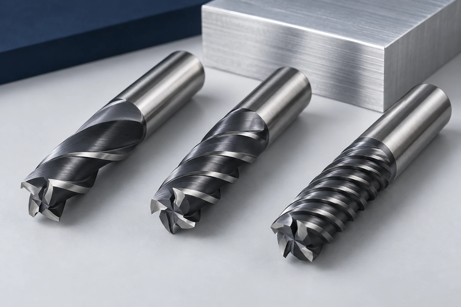 Three end mills with different helical flute geometries on a work surface.
