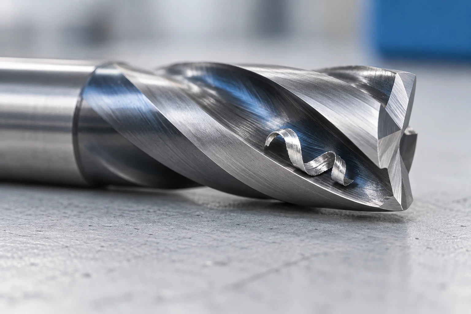 A curled metal chip resting in a helical flute valley beside an end mill cutting edge.