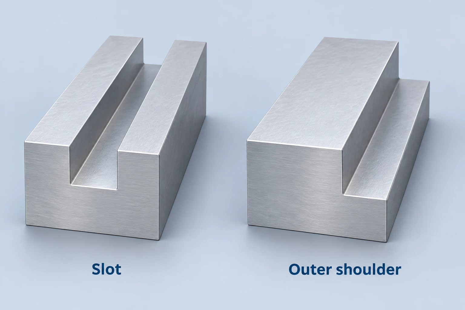 An aluminum block with an open-ended slot beside a block with an outer shoulder.