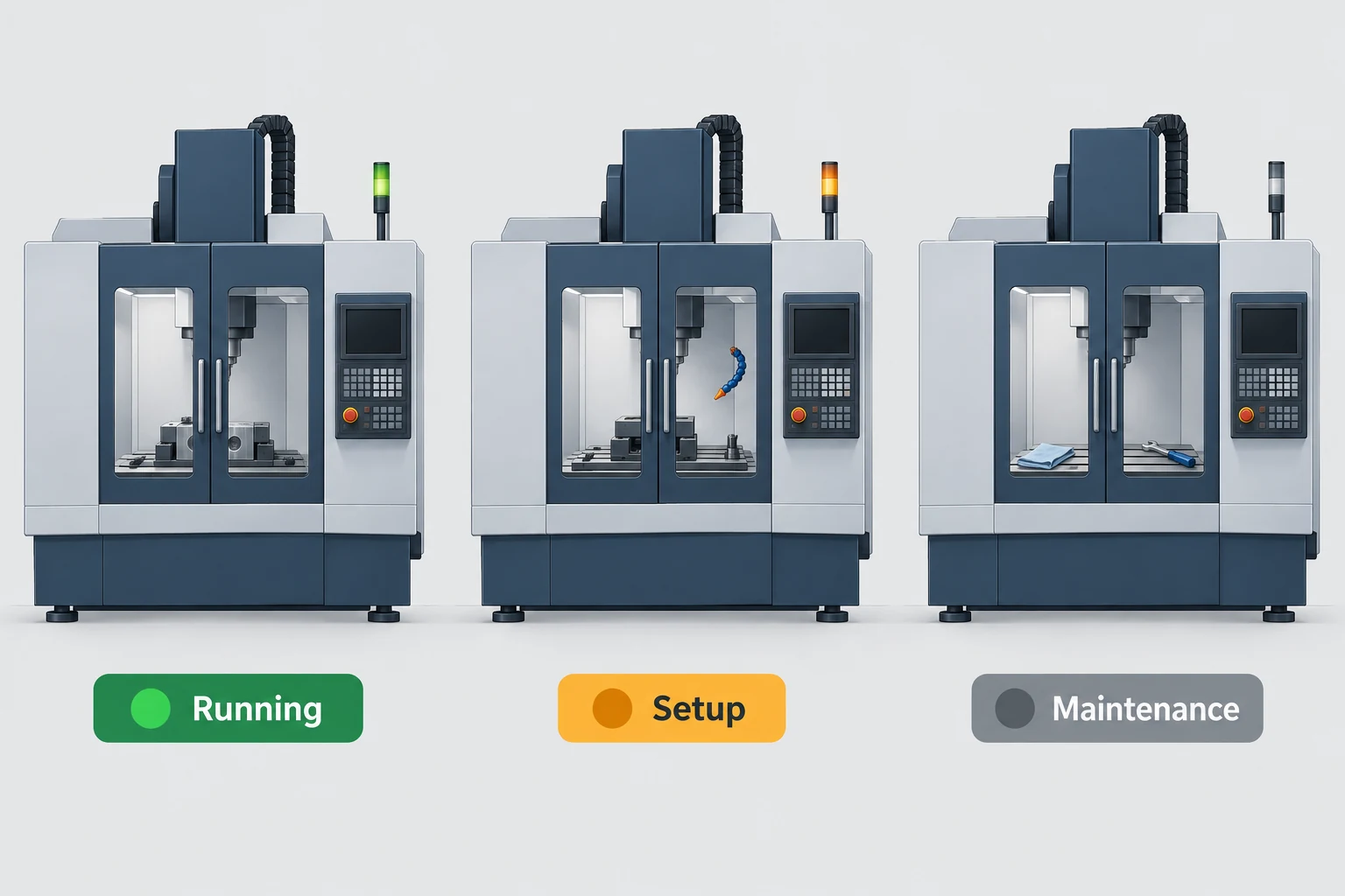 Three matching CNC machines with running, setup and maintenance status labels.